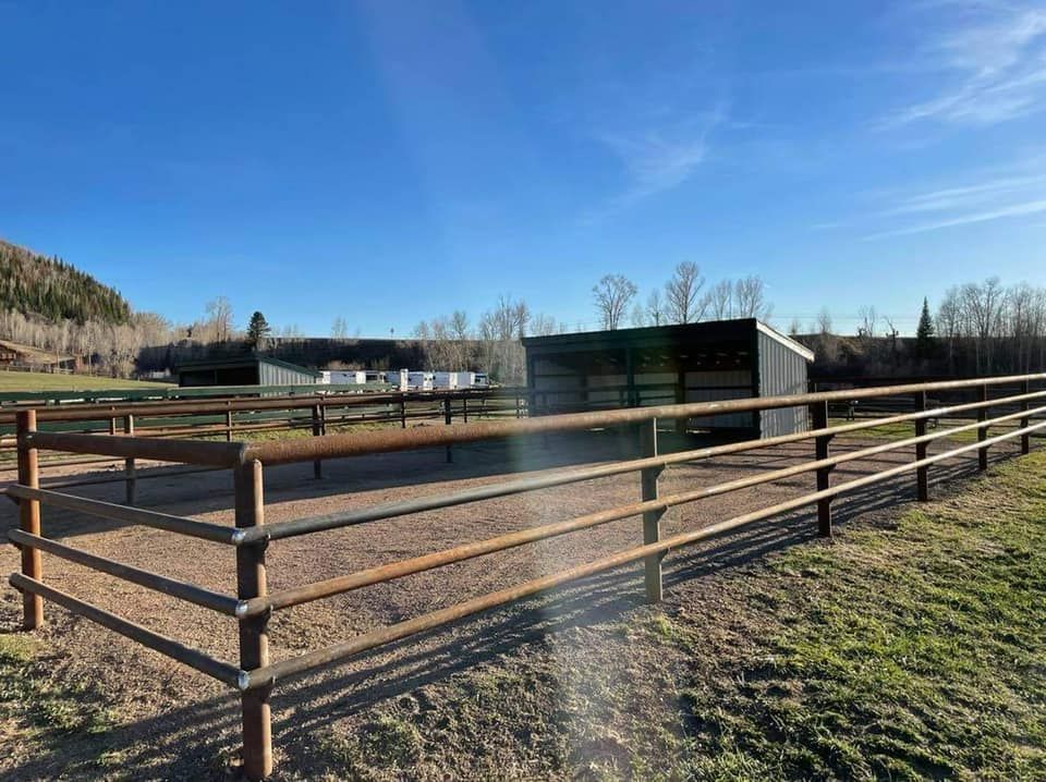 Fenced horse arena with shelter, under a blue sky.