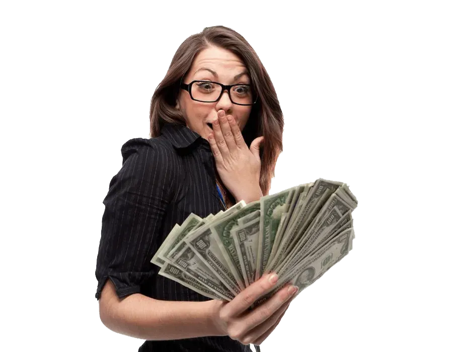 A woman covering her mouth while holding a fan of money