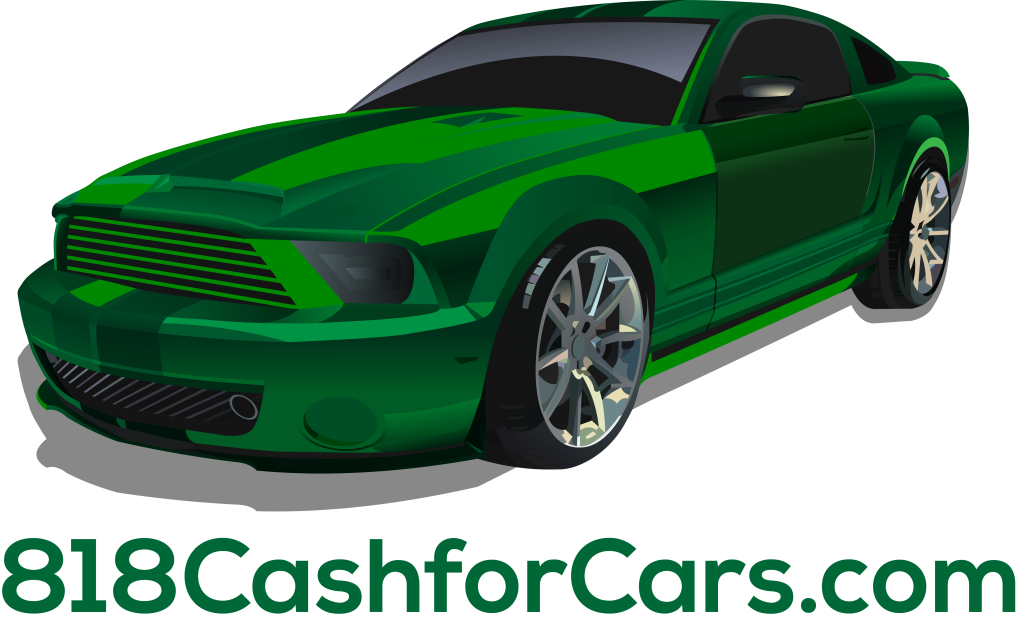 A green car with the words 818cashforcars.com below it