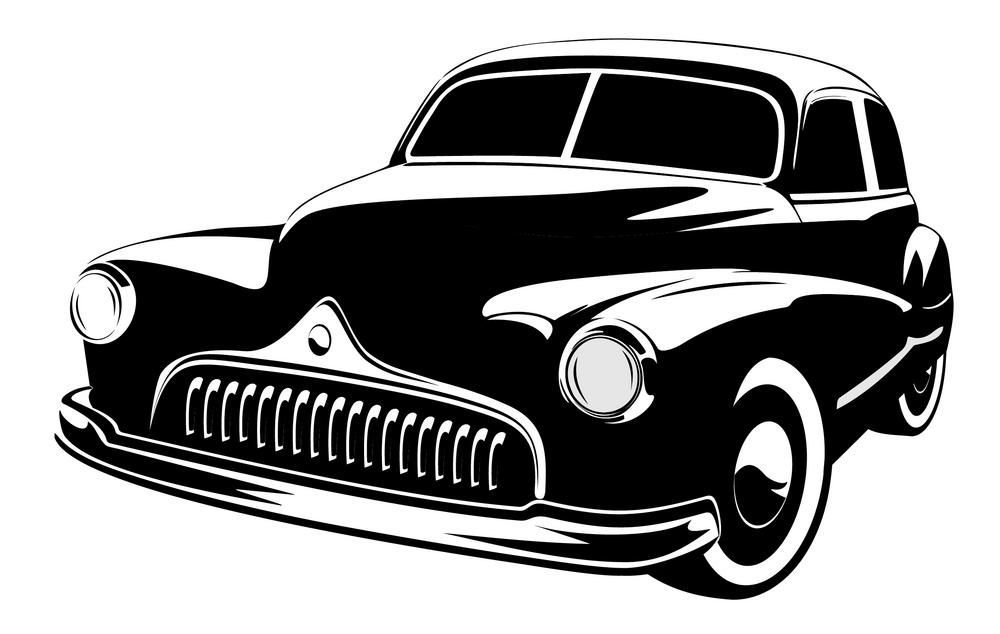 A black and white drawing of an old car on a white background.