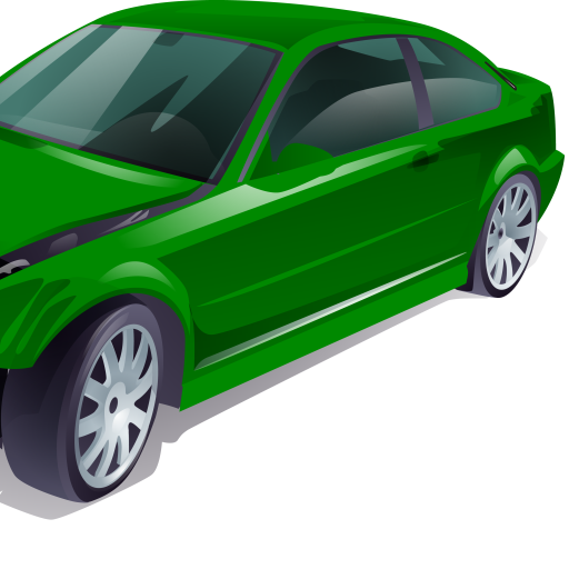 A green car with silver wheels is on a white background