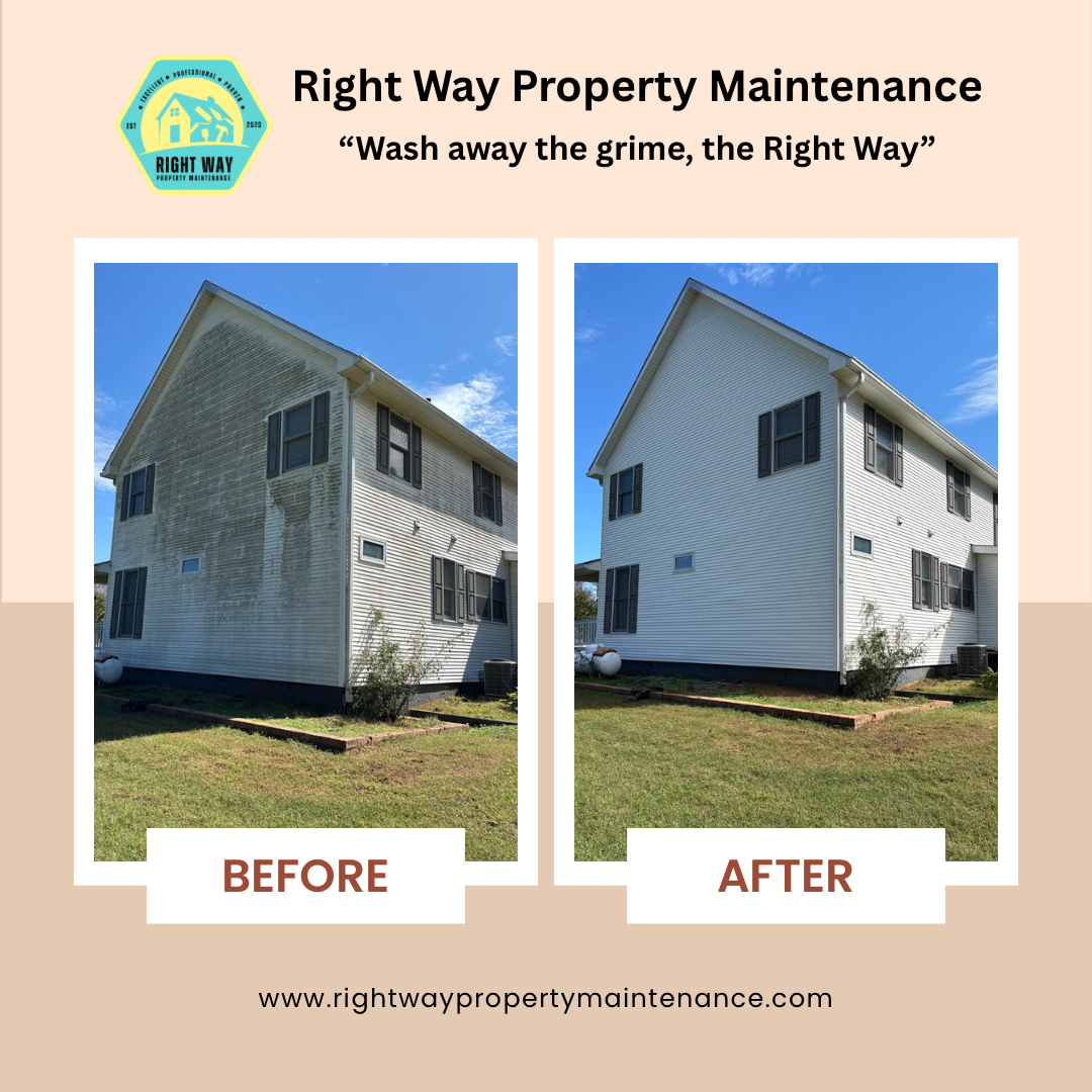 Before-and-after of a house cleaning service. Shows a dirty house before and clean house after, with company logo.