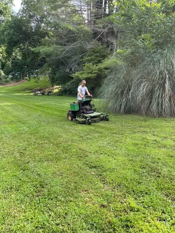 Person mowing a green lawn with a riding mower, with trees in the background.