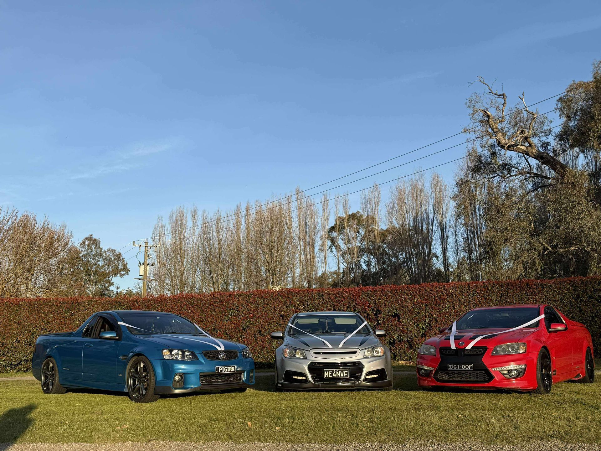 Three brightly colored cars parked on grass, decorated with ribbons, under a blue sky.