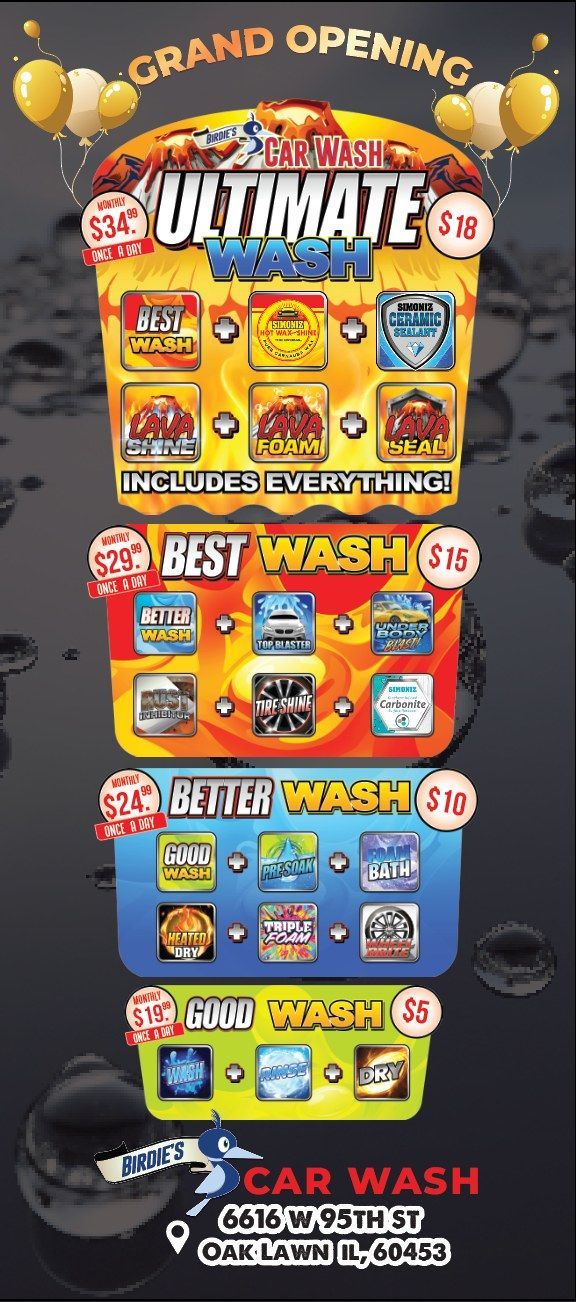 Car wash menu with prices and wash package descriptions; grand opening balloons.