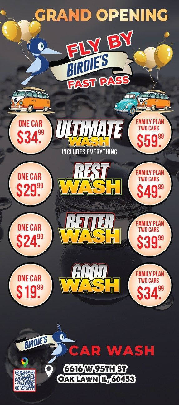 Fly By Birdie's Car Wash grand opening ad with wash prices: