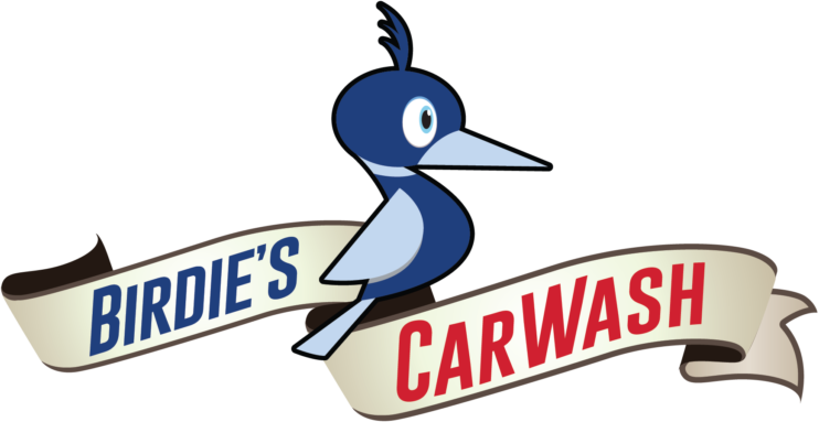 Birdie's Carwash logo: Blue bird perched on a banner. Text reads