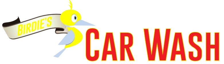 Birdie's Carwash logo: Blue bird perched on a banner. Text reads
