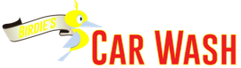 Birdie's Carwash logo: Blue bird perched on a banner. Text reads 
