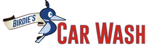 Birdie's Carwash logo: Blue bird perched on a banner. Text reads 