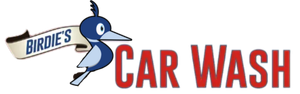 Birdie's Carwash logo: Blue bird perched on a banner. Text reads 