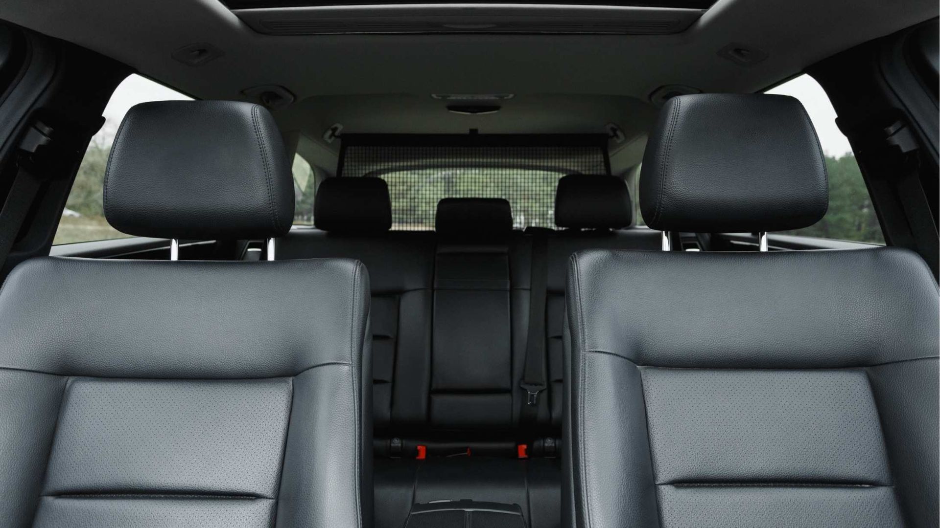 Interior view of a car with black leather seats; the rear seats are visible, with the outdoors seen through the rear window.