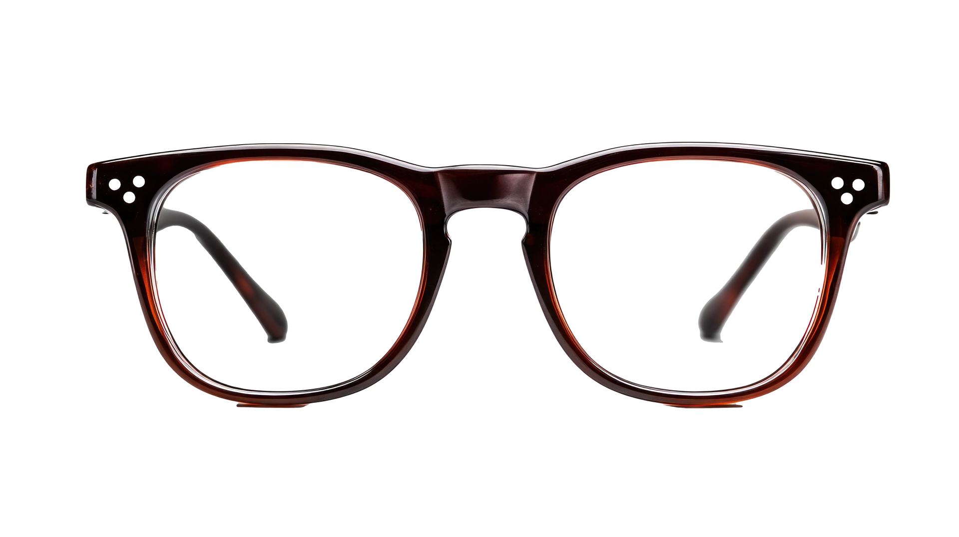 Tortoiseshell glasses with a rounded frame and three-dot silver rivets on each upper corner.