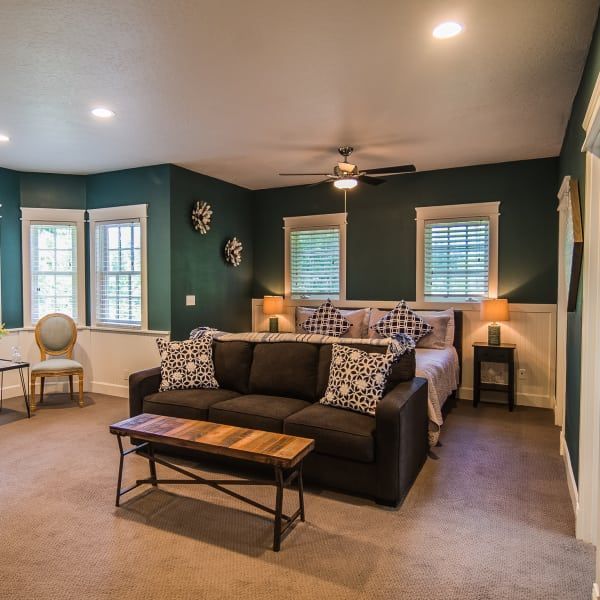 A living room with a couch and a bed