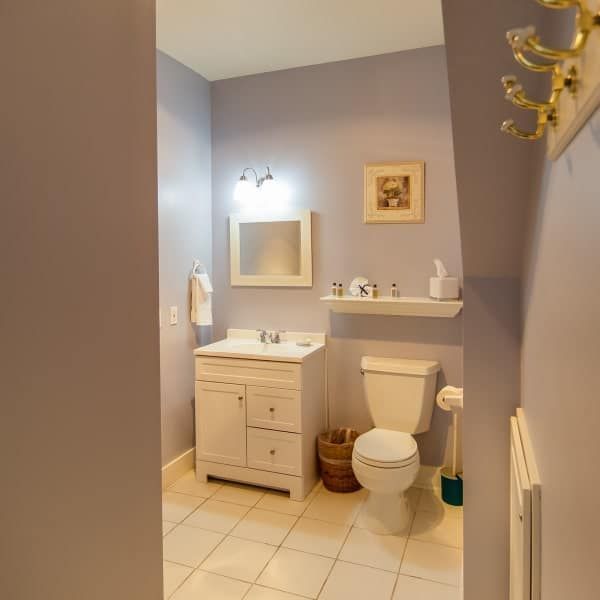 A bathroom with a toilet a sink and a mirror