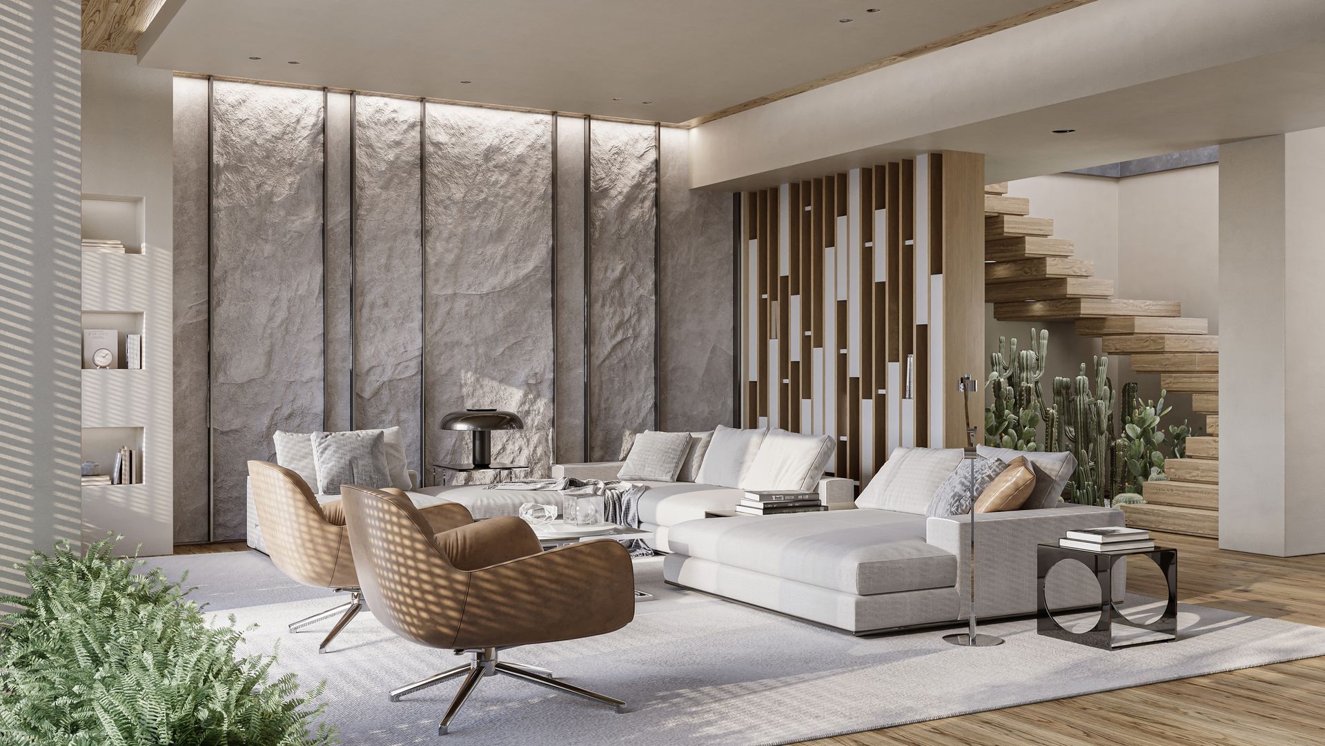 Modern living room with stone wall, white sofa, and wooden staircase.