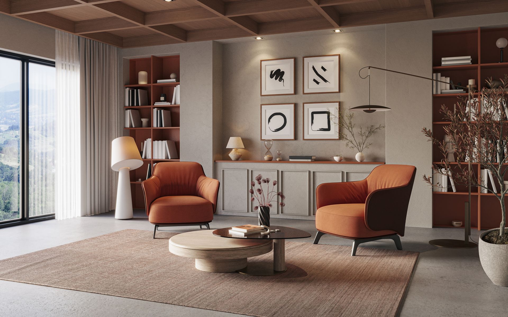 Cozy living room with orange armchairs, wooden shelves, a coffee table, and large window overlooking landscape.