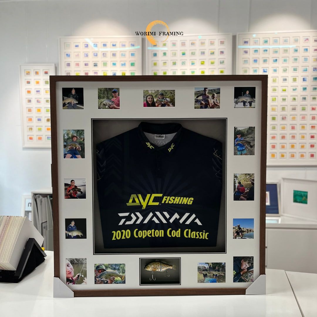 A Framed Shirt That Says Avc Fishing On It — Worimi Framing Service In Adamstown, NSW