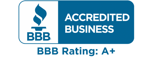 A blue and white logo that says accredited business bbb rating a+