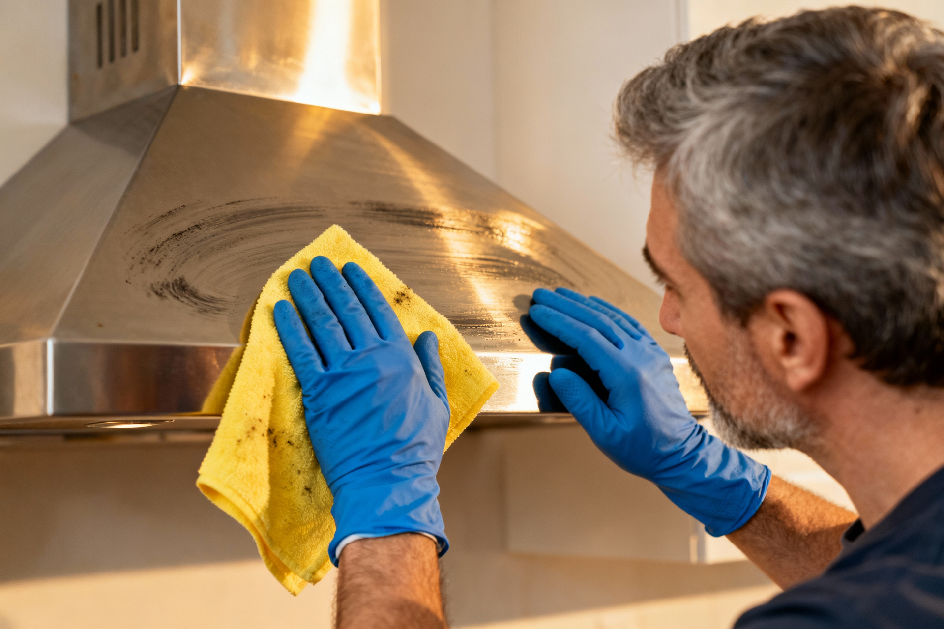 Woman wearing gloves cleaning a refrigerator interior with a yellow cloth.