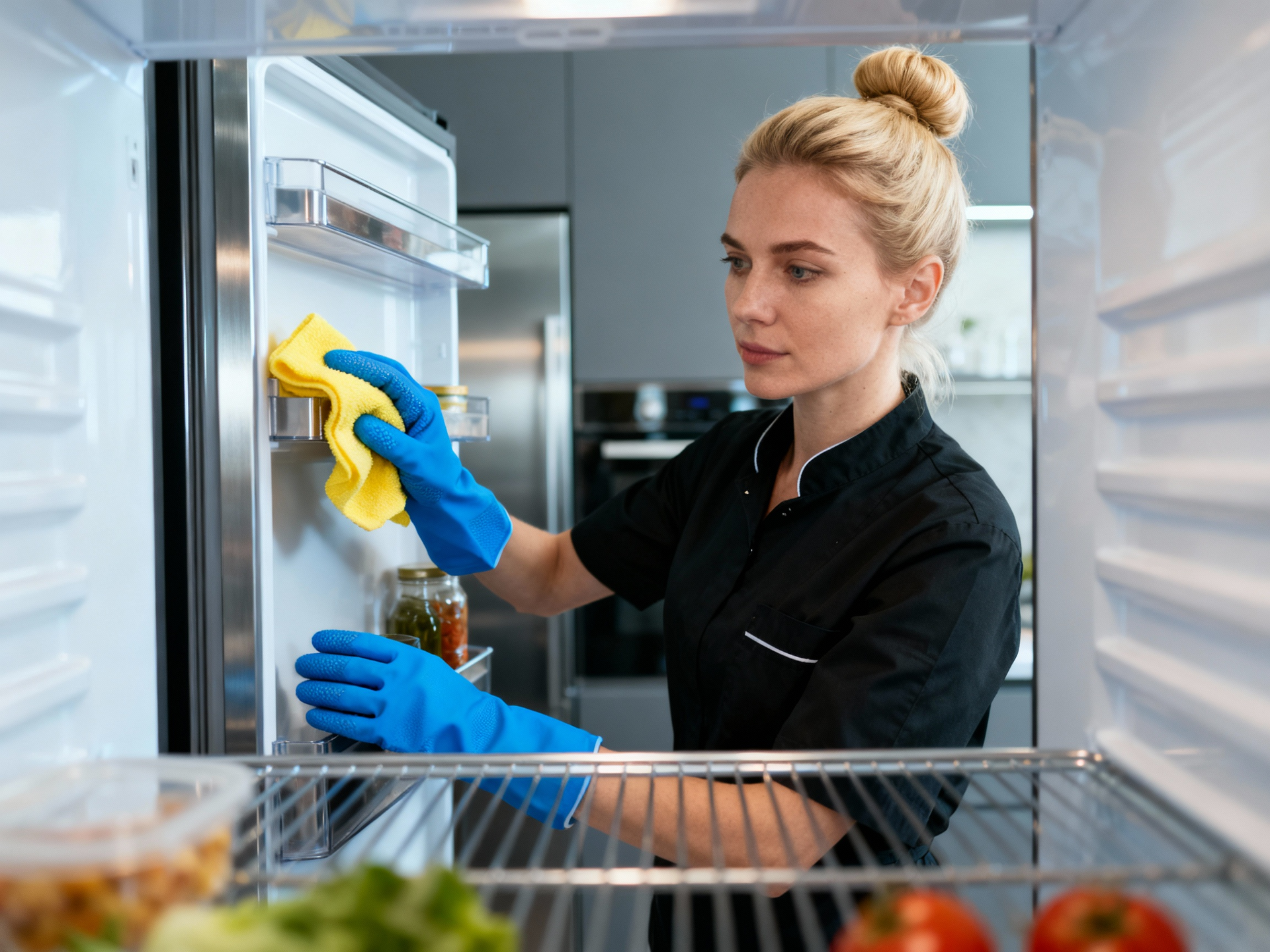 Woman wearing gloves cleaning a refrigerator interior with a yellow cloth.