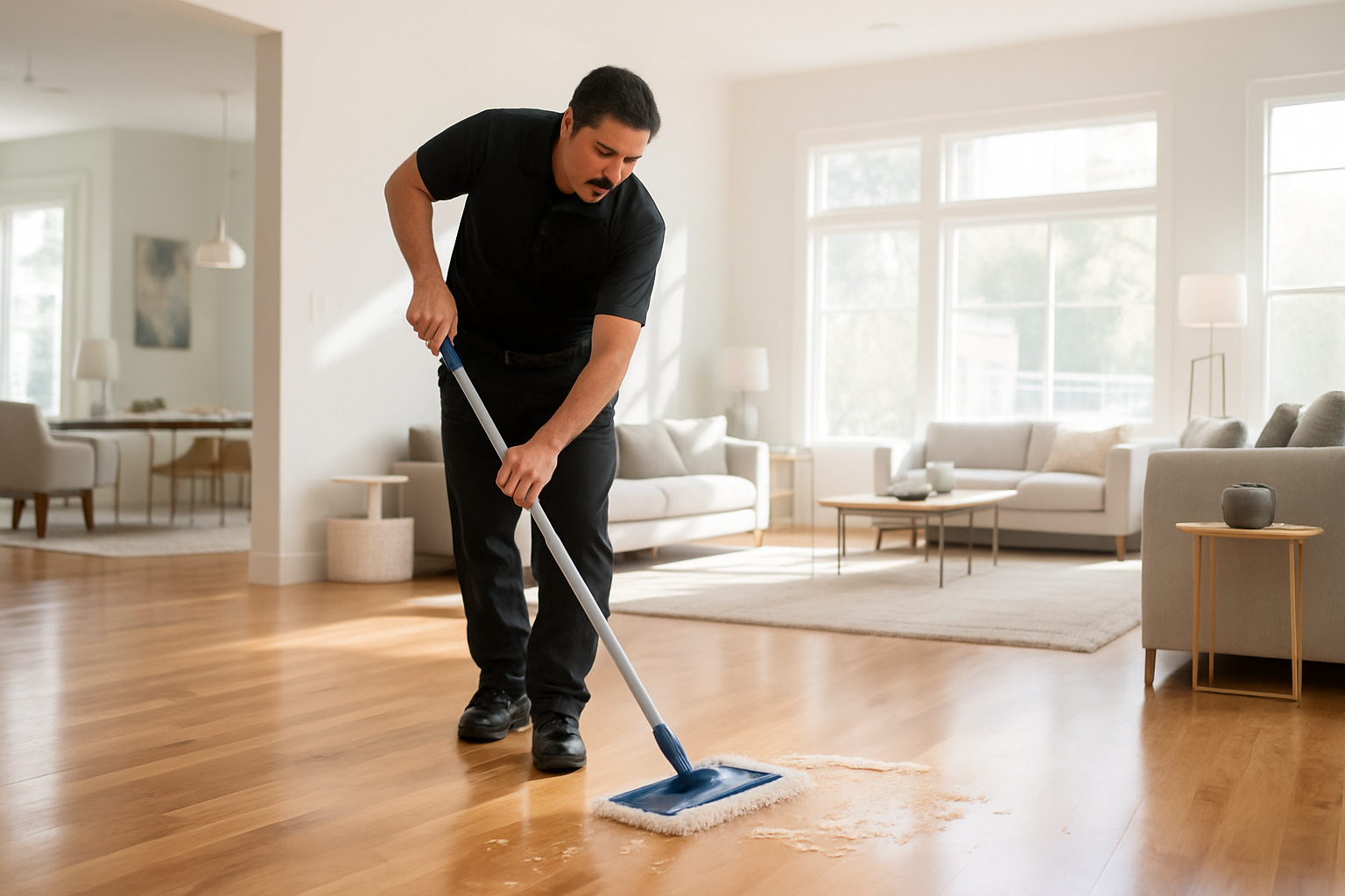Man in black cleaning wooden floor with a mop in a bright living room.