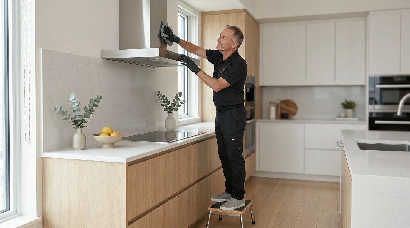 Man in black cleaning wooden floor with a mop in a bright living room.