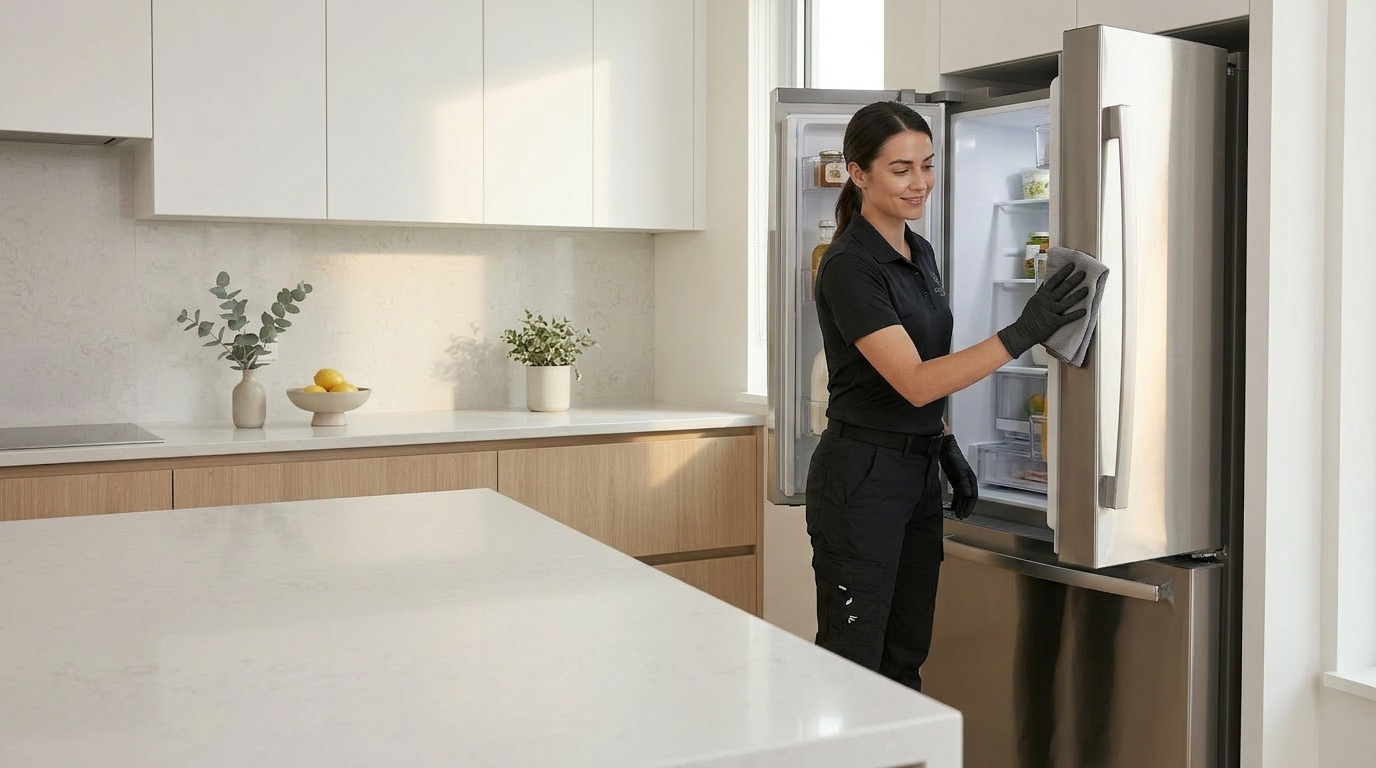 Woman wearing gloves cleaning a refrigerator interior with a yellow cloth.