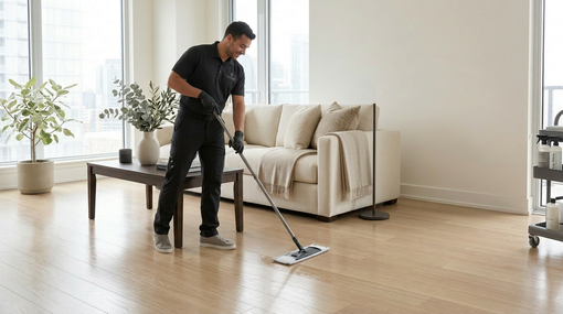 Woman wearing gloves cleaning a refrigerator interior with a yellow cloth.
