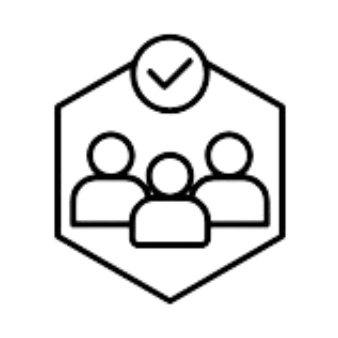Group of three people icon inside a hexagon with a checkmark above