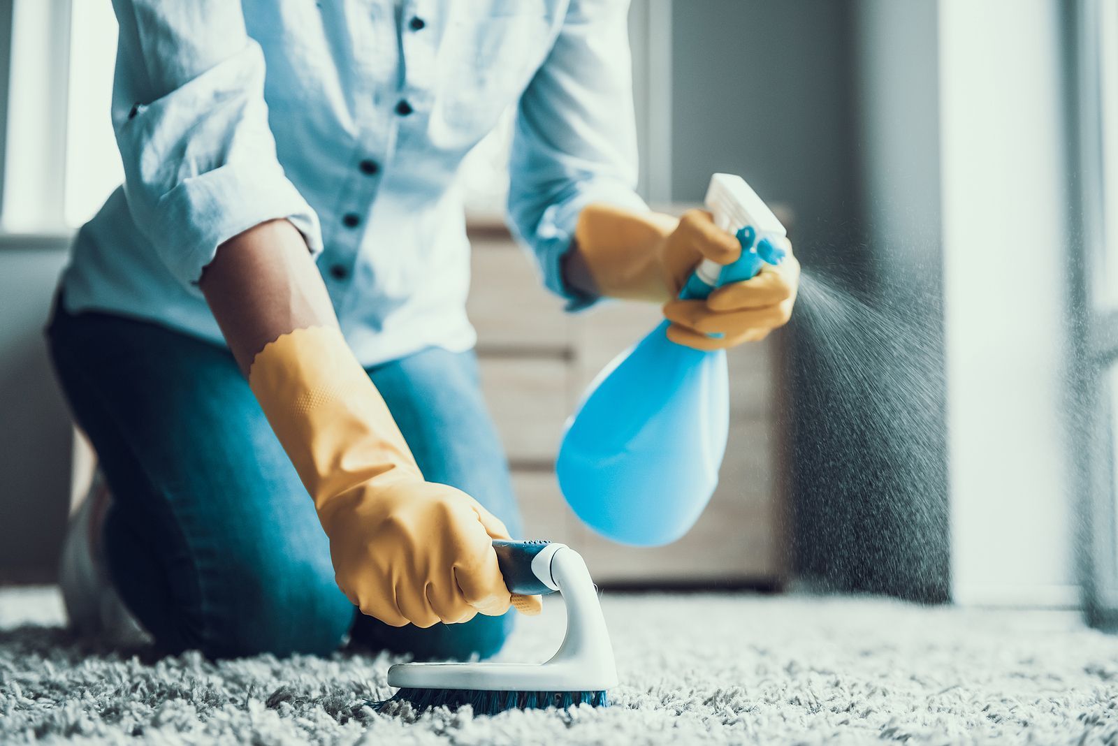 A person is cleaning a carpet with a spray bottle and a brush.