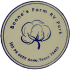 Round logo: "Boone's Farm RV Park," cotton boll illustration, address: 105 PR 6029 Anna, Texas 75409.
