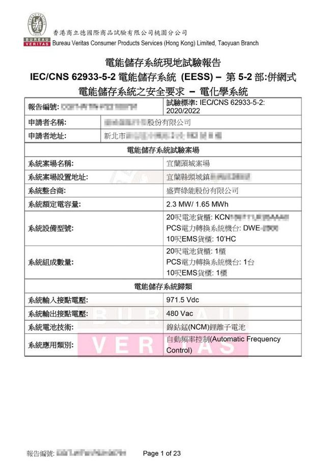 盛齊通過儲能安全現地測試VPC驗証