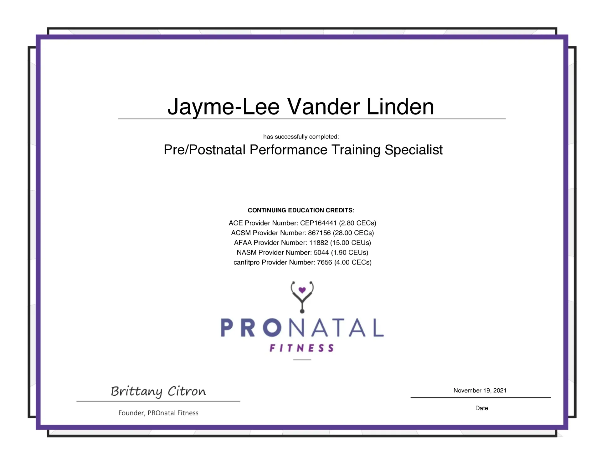 pre and post natal fitness certificate