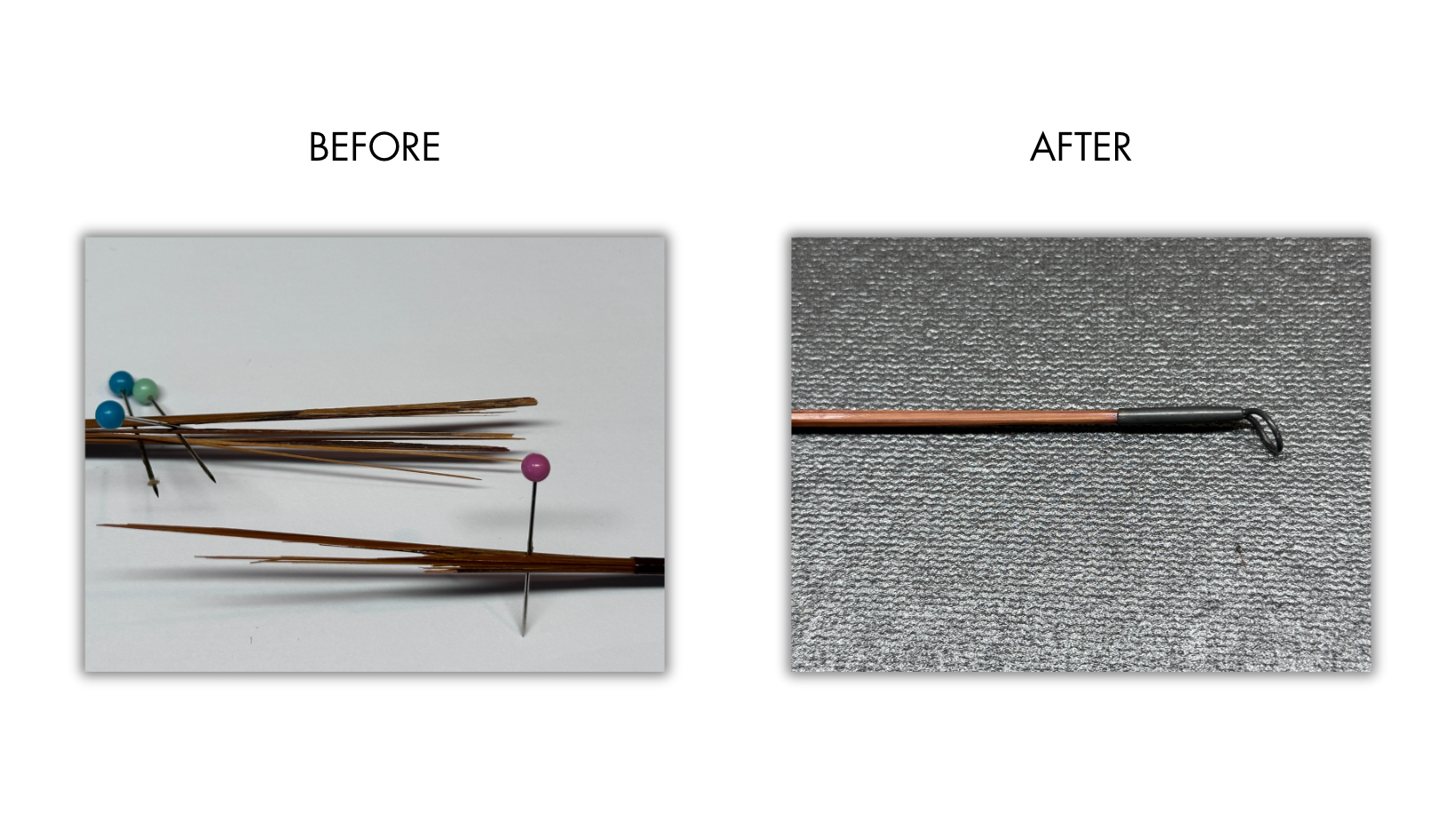 a before and after picture of a broken fly rod that Lou has repaired