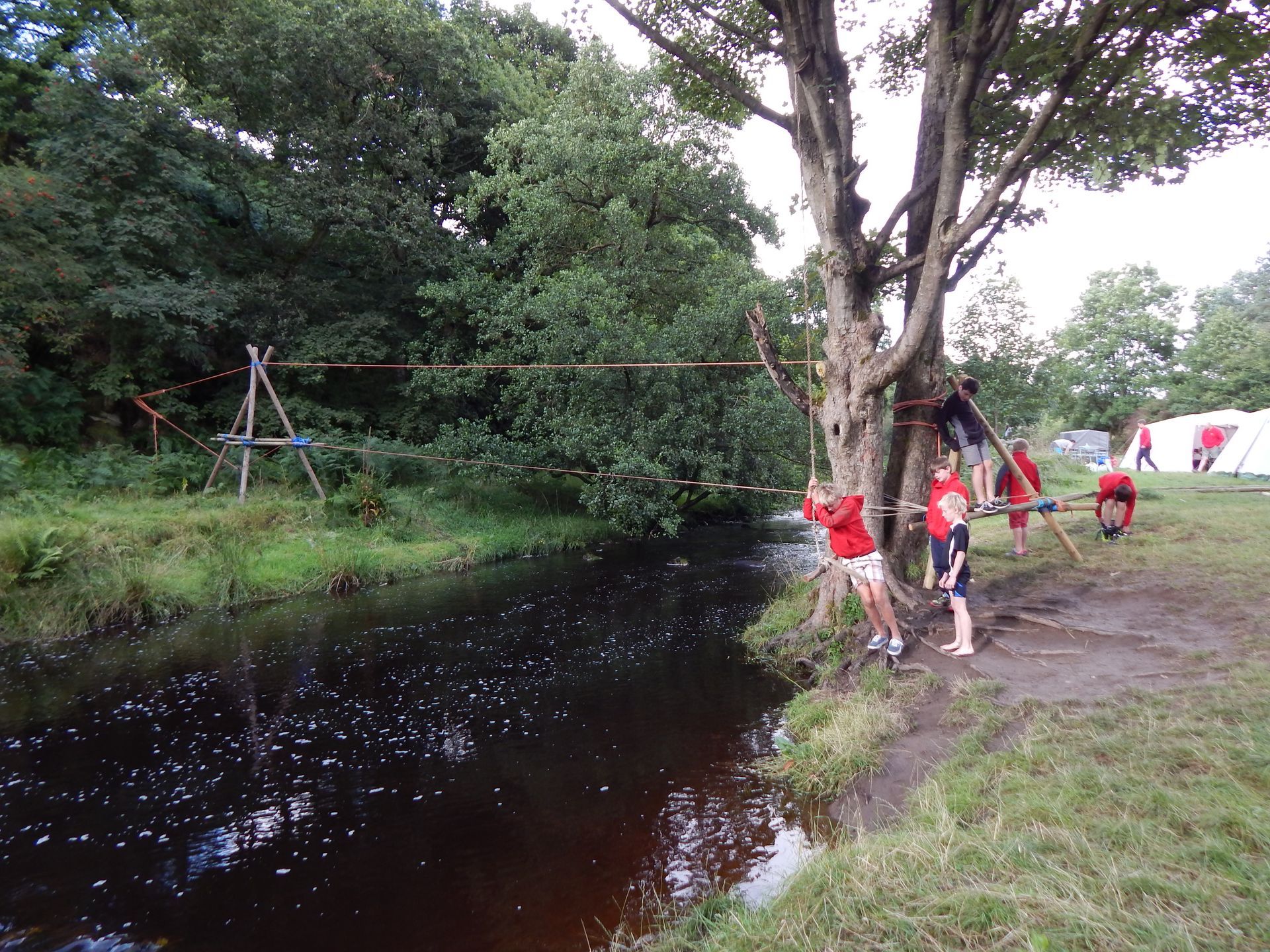 A group of children are playing on a rope bridge over a river.