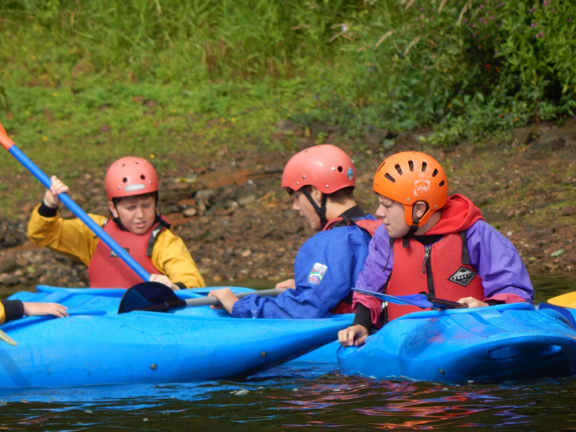 A group of people are rowing kayaks on a river.