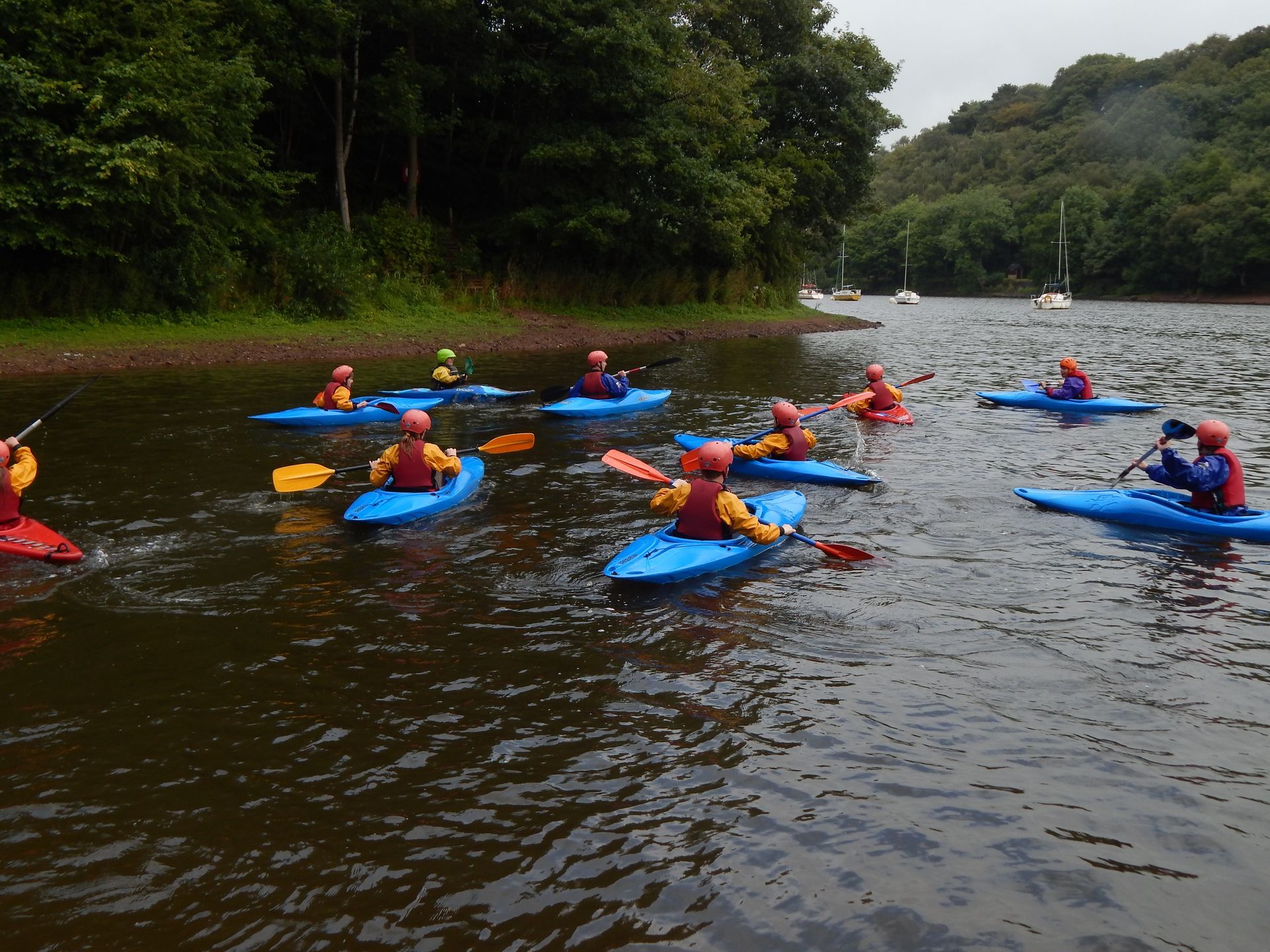 A group of people are paddling kayaks on a river