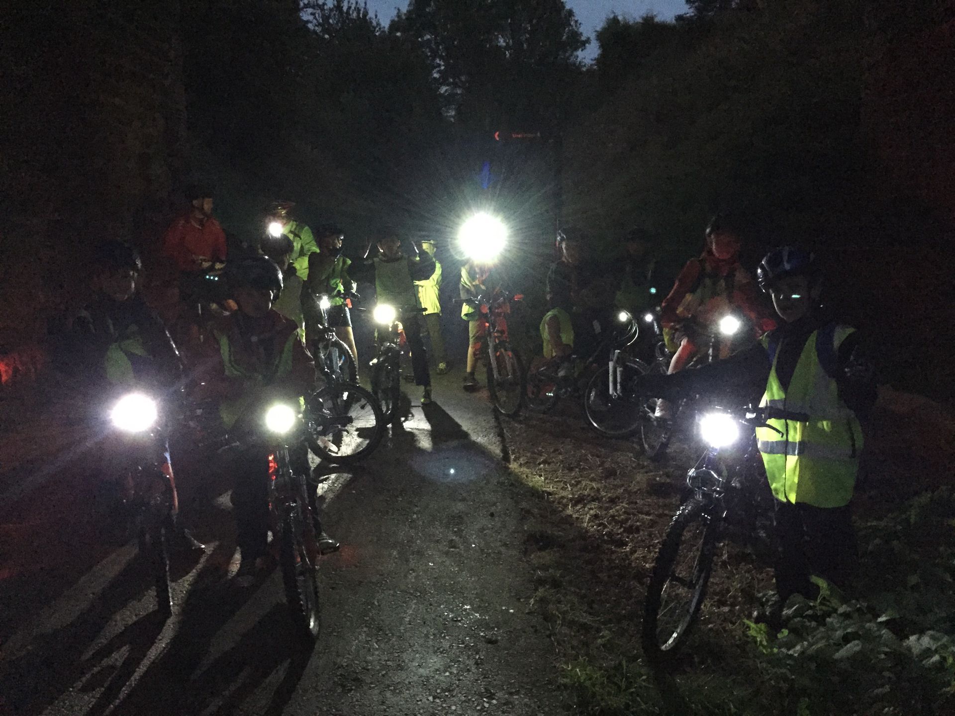 A group of people are riding bicycles at night.