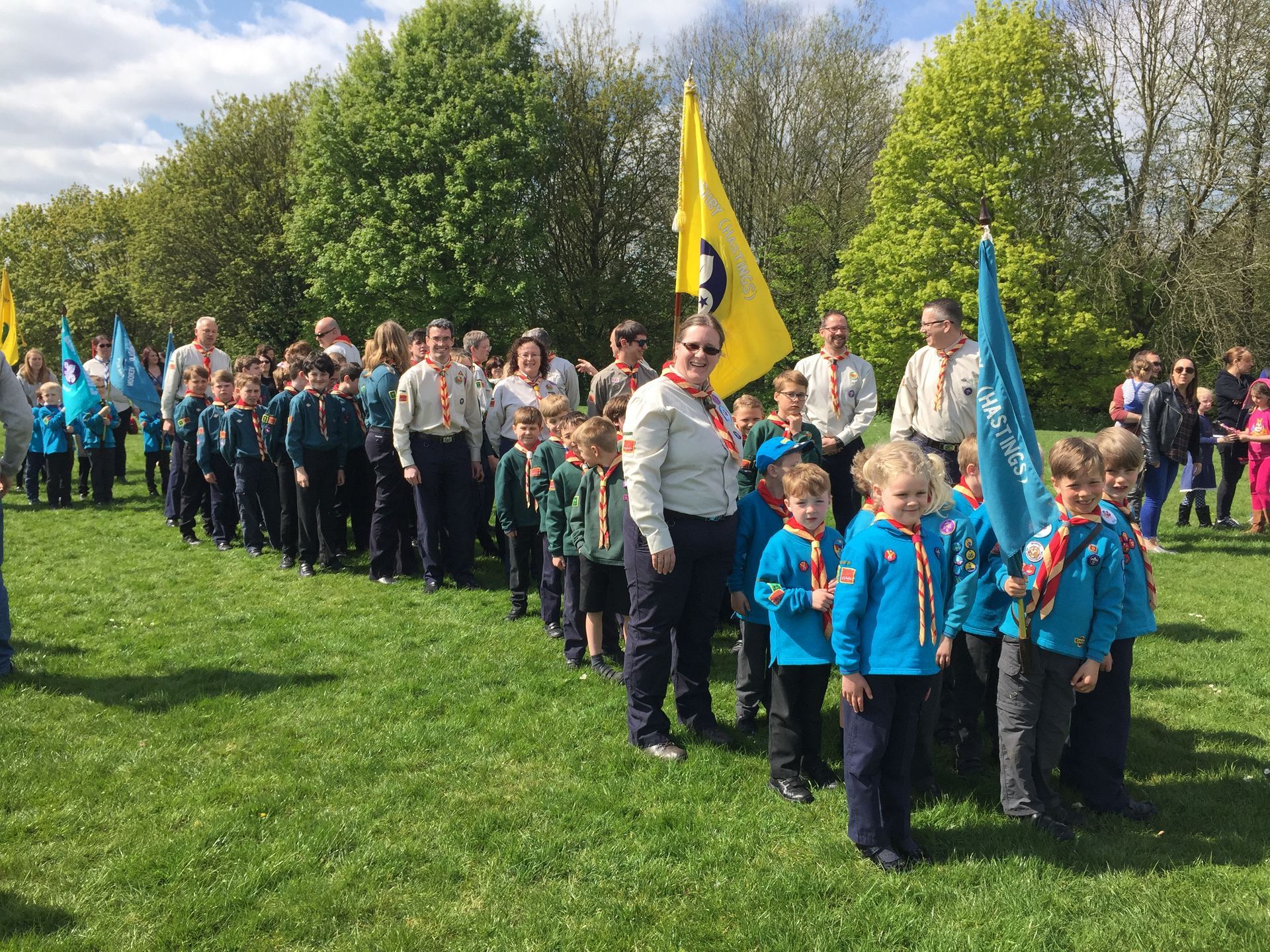 A group of scouts are standing in a field holding flags.