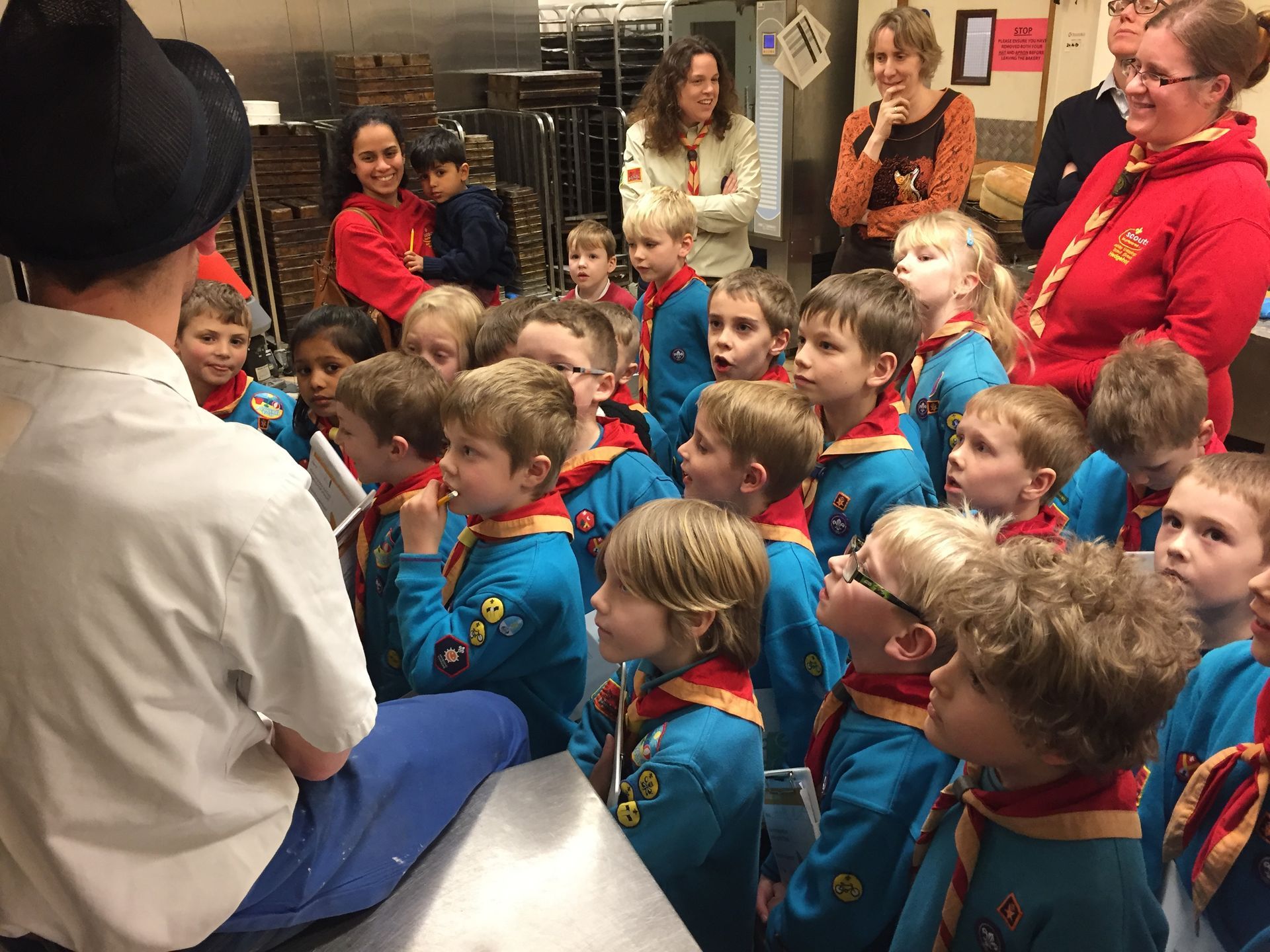 A group of children in scout uniforms are sitting around a man reading a book.