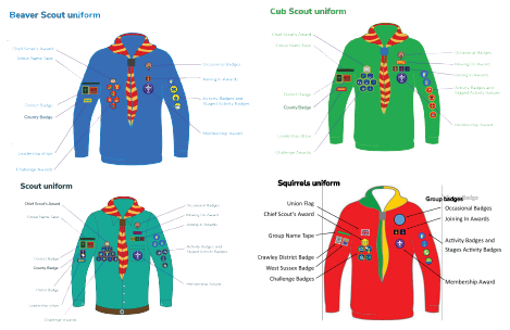 Four different types of boy scout uniforms are shown on a white background.