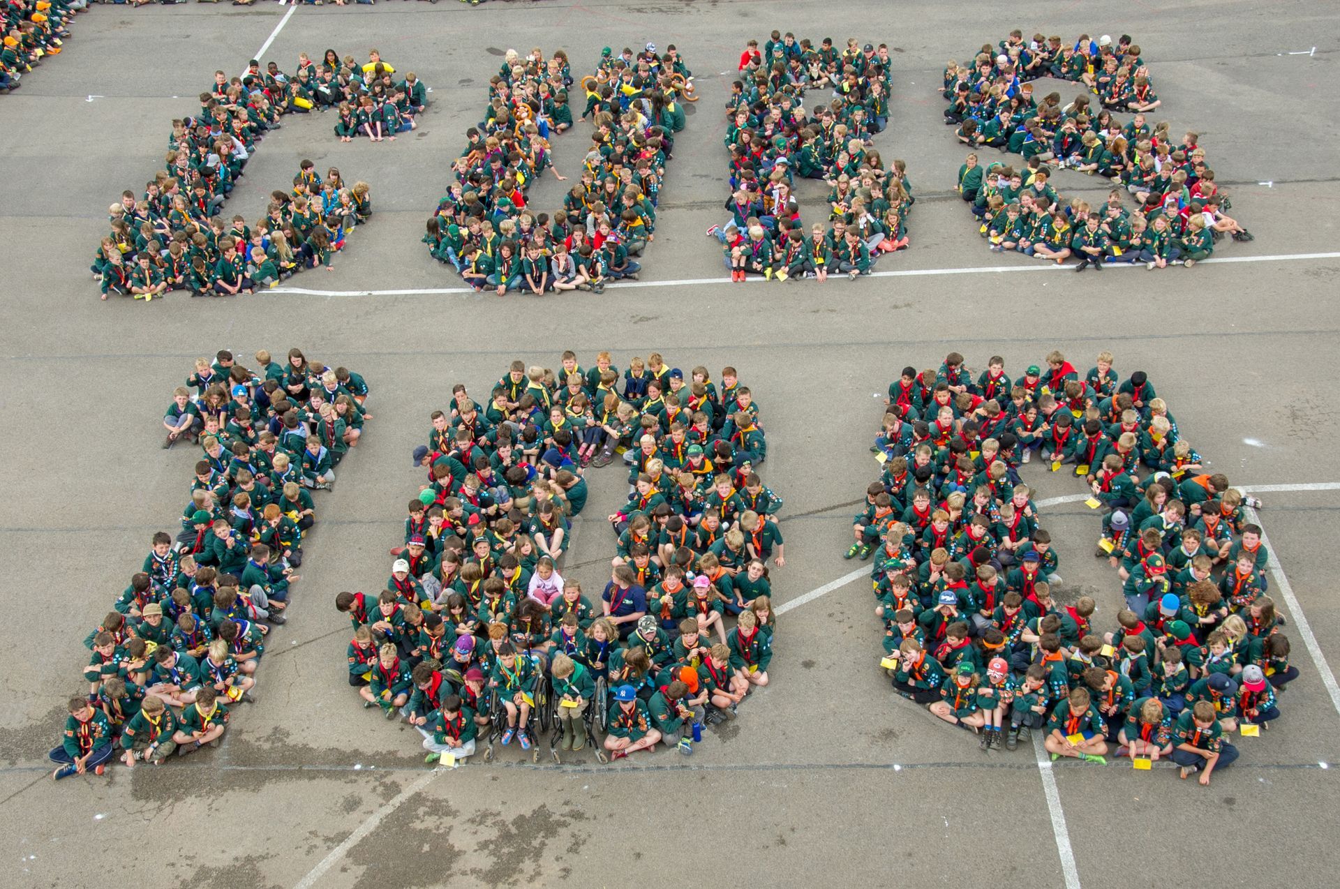 A large group of people are forming the word cubs