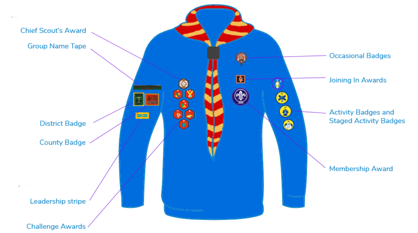 A blue shirt with a red tie and badges on it