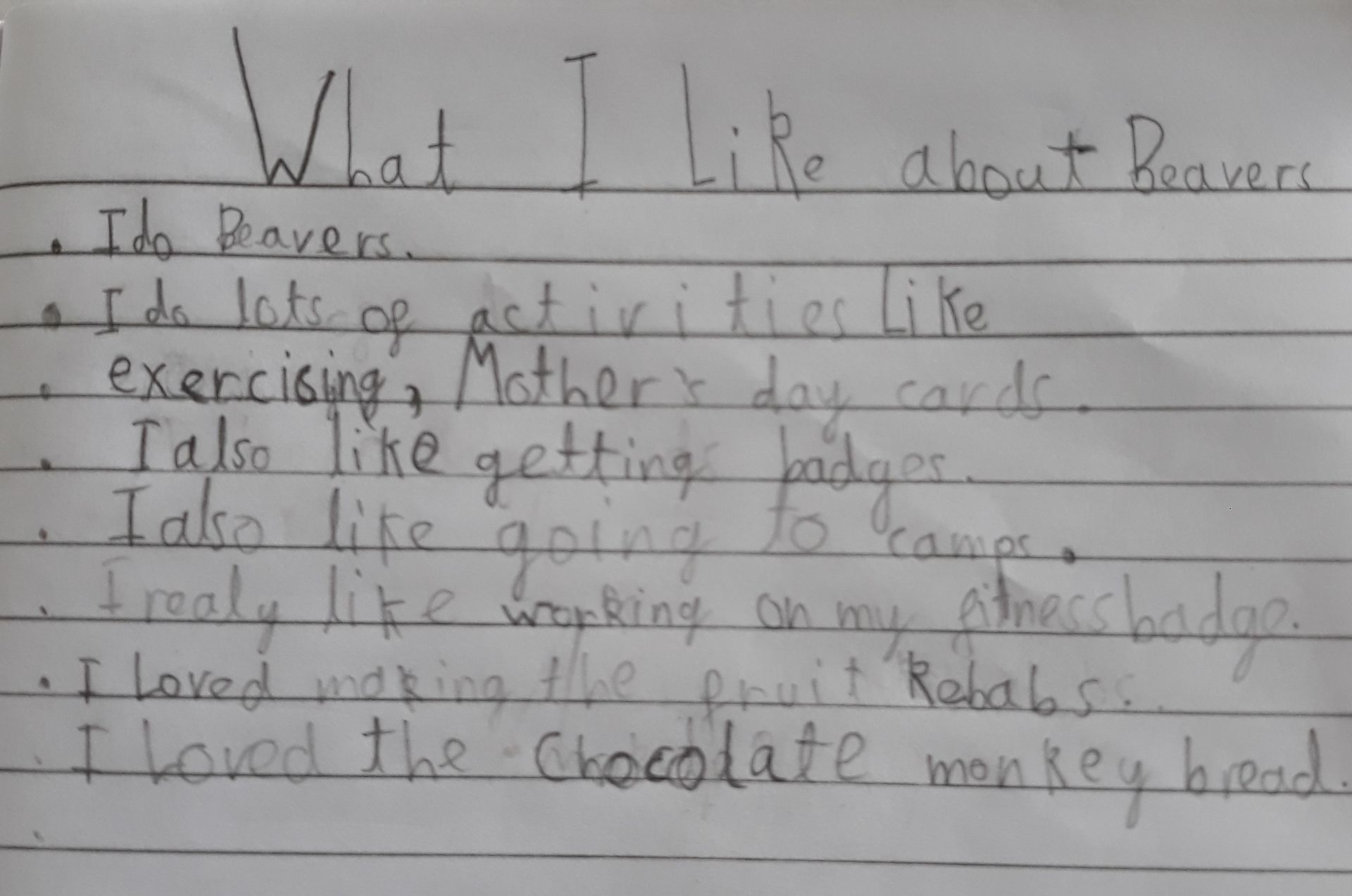 A piece of paper that says what i like about beavers