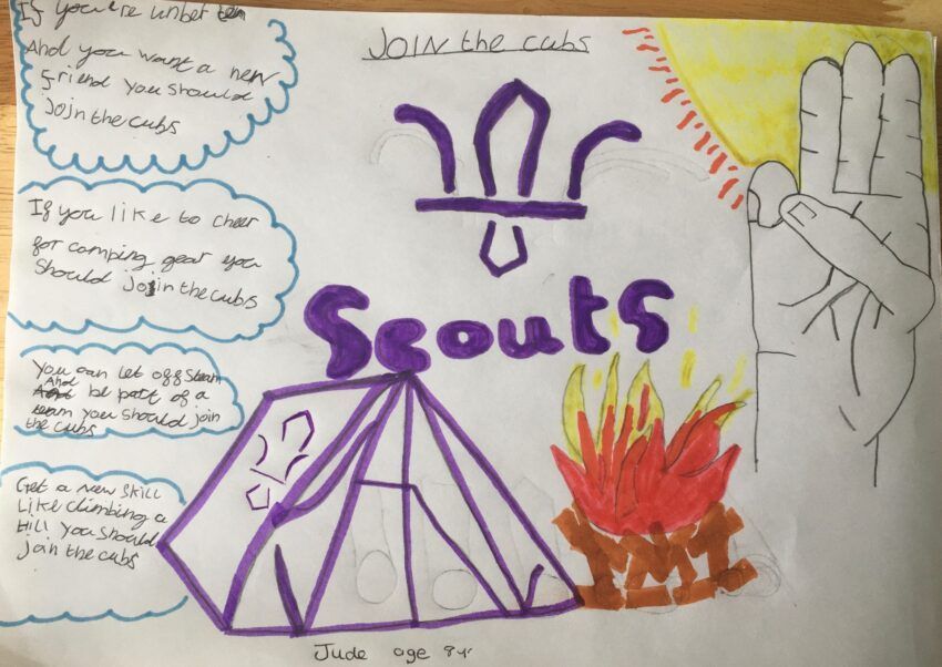 A drawing of a tent with the word scouts on it