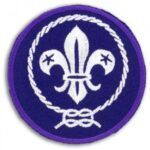 A purple scout badge with a white fleur de lis in a circle.