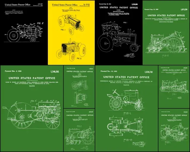 Patent drawings of tractors in various styles and colors.