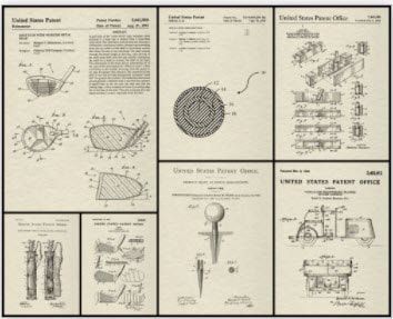 Patent illustrations of golf equipment, including a club head, golf ball, and tee.