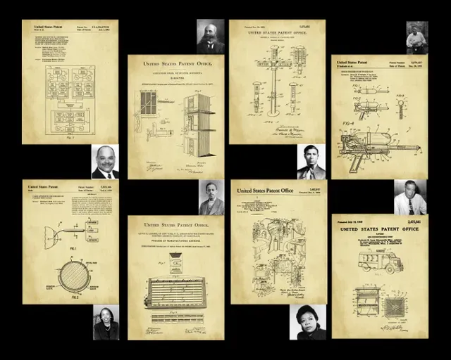 Patent drawings with portraits of inventors. Beige pages with black ink on a black background.
